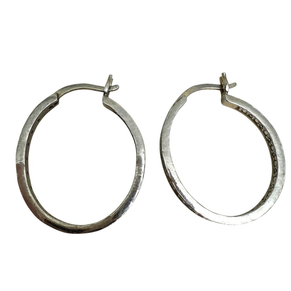 Sterling Silver 925 FAS Hoop Pierced Earrings Pave Set Accents Hinged Closure